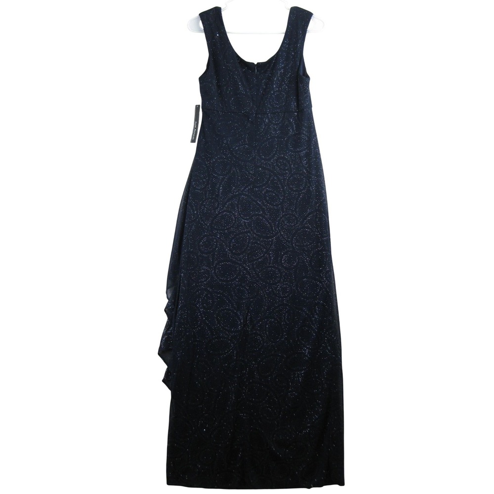 R&M Richards Glitter Swirl Gown Women 10 Navy Blue Formal Ruched Rhinestone